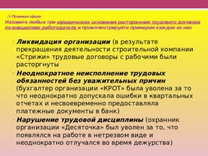 Назовите любые три основания расторжения трудового договора?